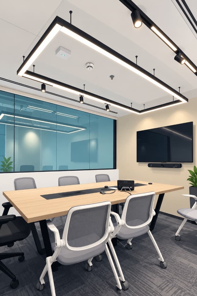 Boardroom floating geometric frame luminaire and spots