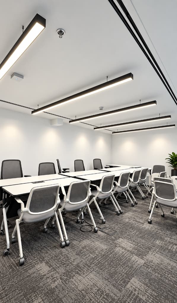 Modern conference and training room linear pendants